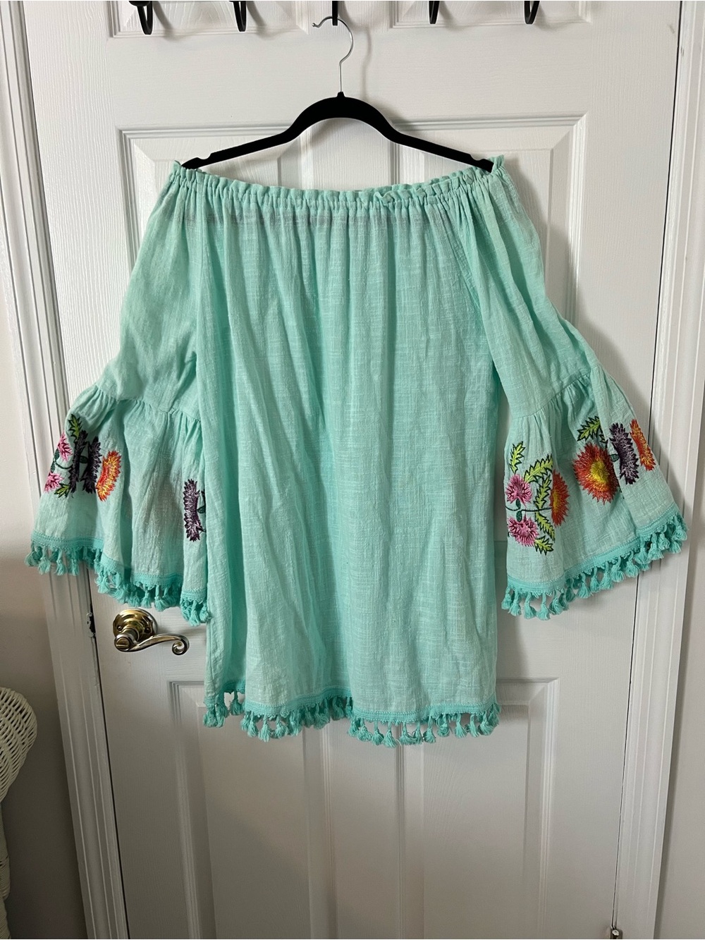 Velzera Mint Green Off-Shoulder Embroidered Bell Sleeve Top or Mini Dress